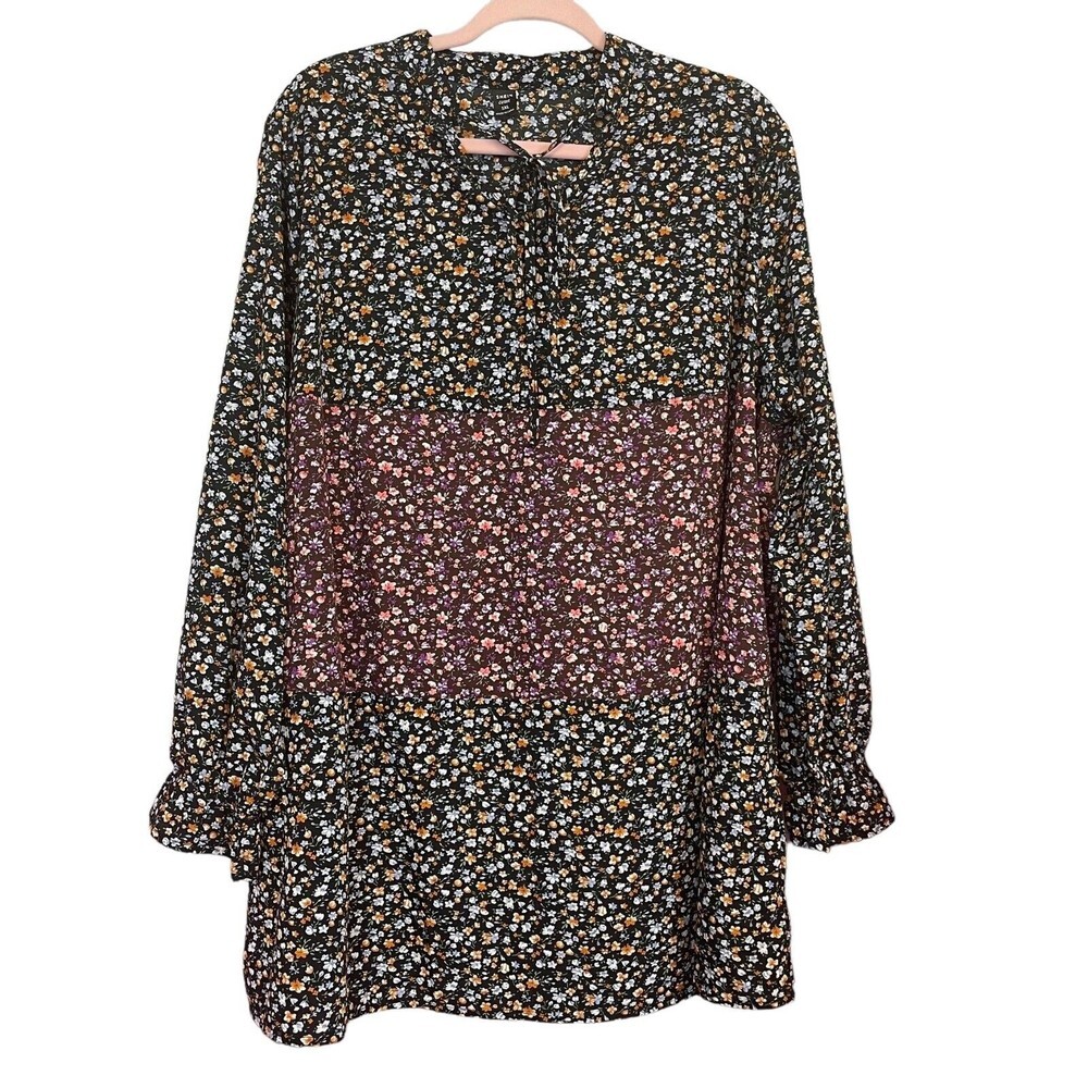 Shein Curve Multicolor Color Block Ditzy Floral Long Sleeve Shift Dress 1XL